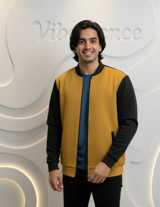 Unisex Fleece Bomber Jacket Contrast Sleeve Edition (Golden Ochre / Black)