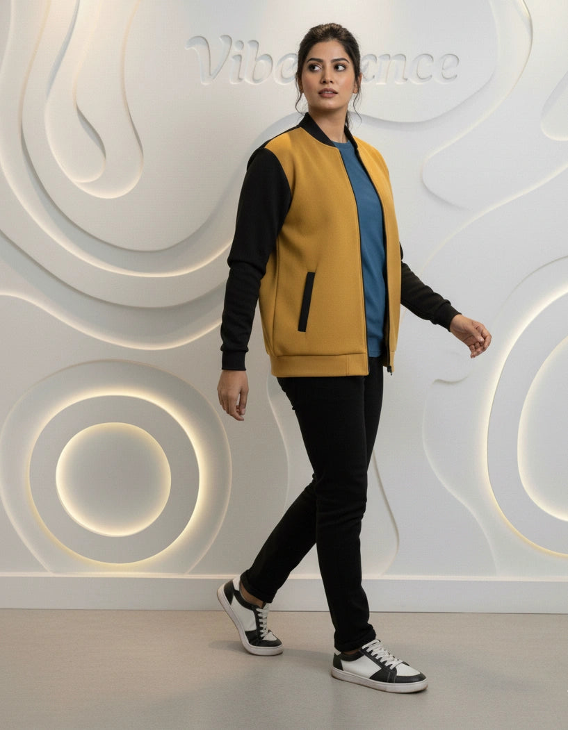 Unisex Fleece Bomber Jacket Contrast Sleeve Edition (Golden Ochre / Black) Unisex Fleece Bomber Jacket Contrast Sleeve Edition (Golden Ochre / Black)