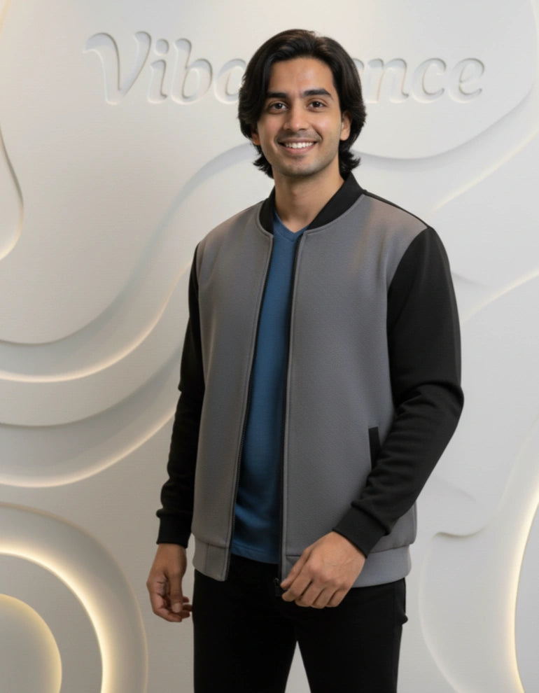 Unisex Fleece Bomber Jacket Contrast Sleeve Edition (Gray / Black) Unisex Fleece Bomber Jacket Contrast Sleeve Edition (Gray / Black)