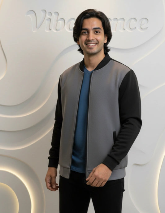 Unisex Fleece Bomber Jacket Contrast Sleeve Edition (Gray / Black)