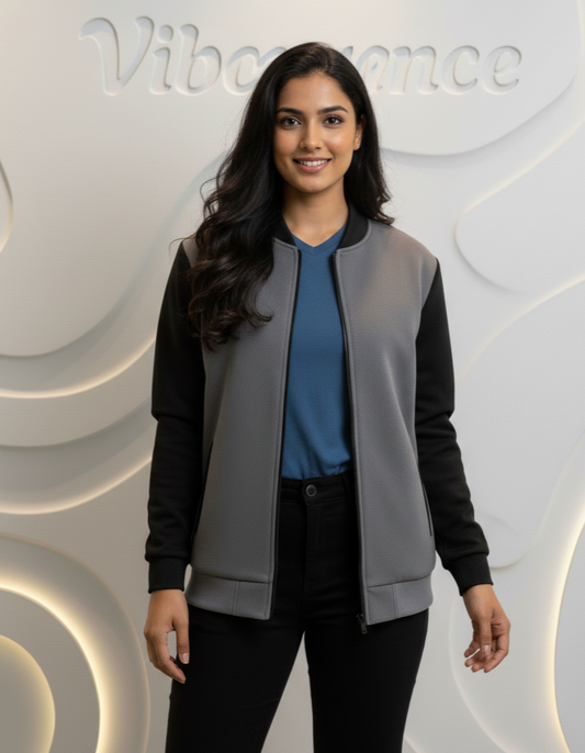 Unisex Fleece Bomber Jacket Contrast Sleeve Edition (Gray / Black)