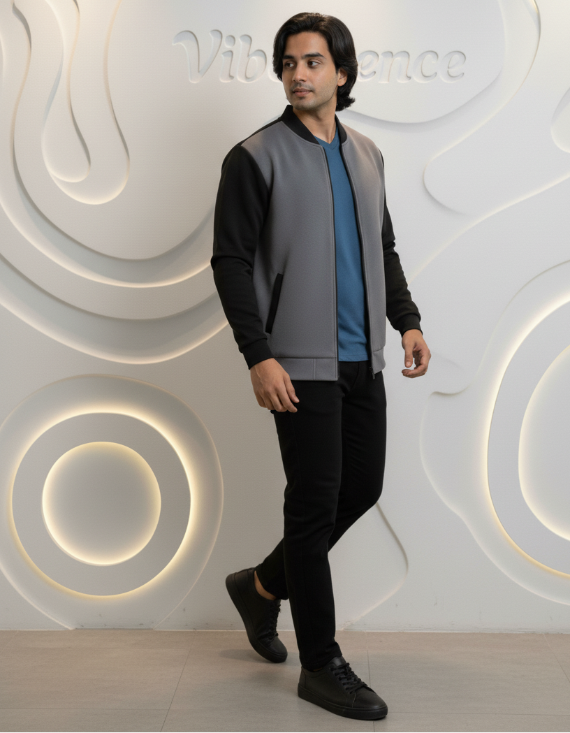 Unisex Fleece Bomber Jacket Contrast Sleeve Edition (Gray / Black) Unisex Fleece Bomber Jacket Contrast Sleeve Edition (Gray / Black)