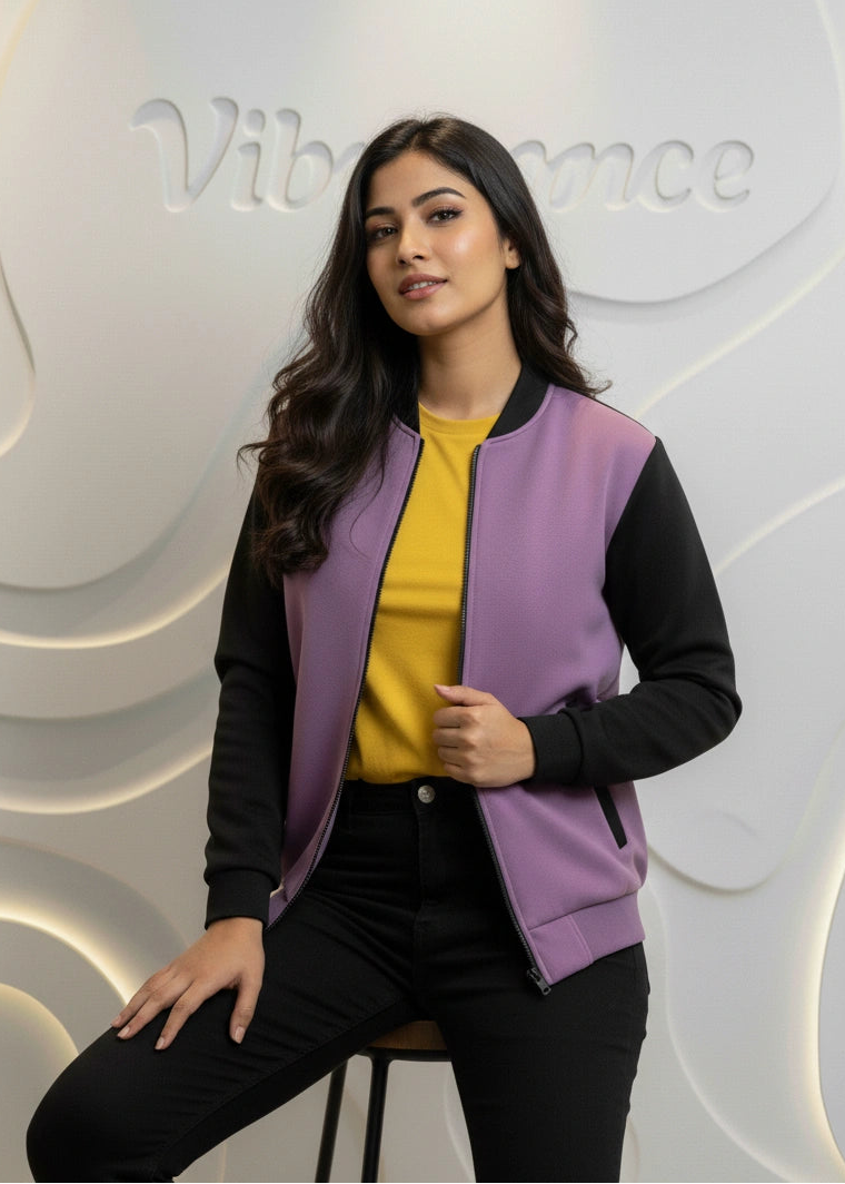 Unisex Fleece Bomber Jacket Contrast Sleeve Edition (Orchid Bloom / Black) Unisex Fleece Bomber Jacket Contrast Sleeve Edition (Orchid Bloom / Black)