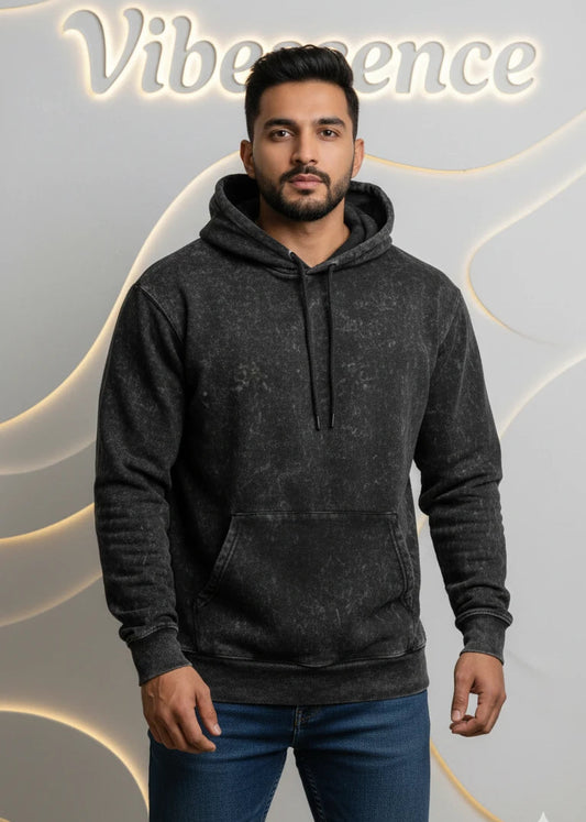 Unisex Heavyweight Cotton 100% Hoodie - Unique Stone Fade Texture (Black)