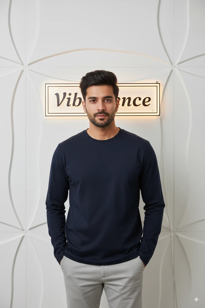 Unisex Premium Cotton Full Sleeve Tee (Navy Blue)