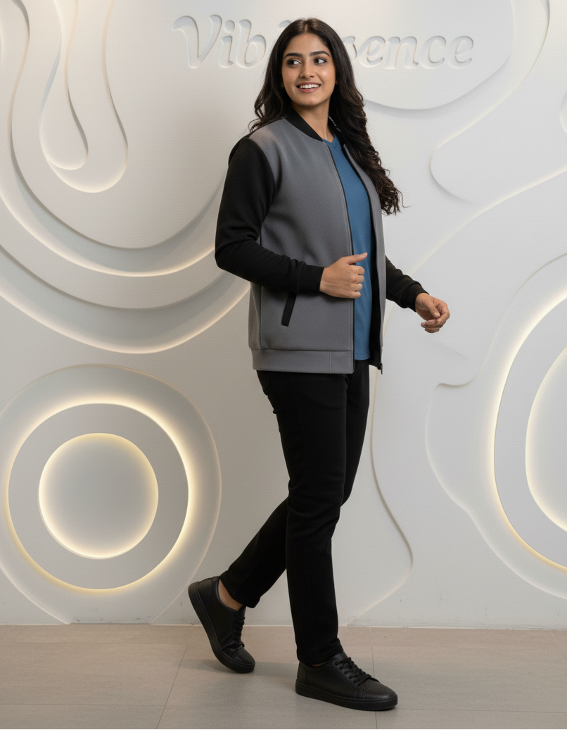 Unisex Fleece Bomber Jacket Contrast Sleeve Edition (Gray / Black)