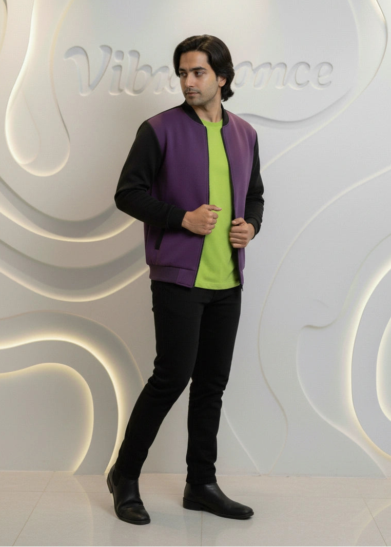 Unisex Fleece Bomber Jacket Contrast Sleeve Edition (Royal Amethyst / Black)